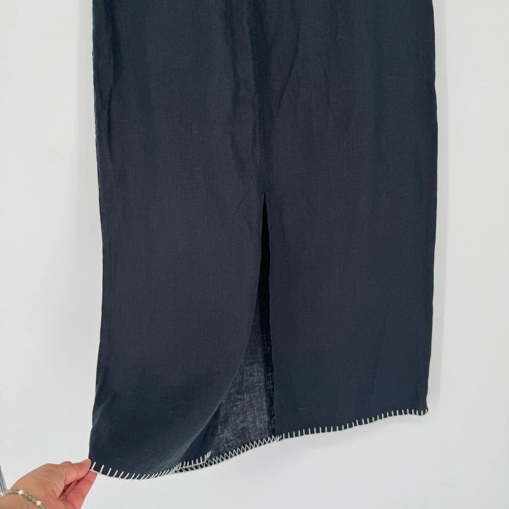Rachel Zoe Flax Linen Midi Skirt 6 Black Blanket Stitch Minimalist Quiet‎ Luxury